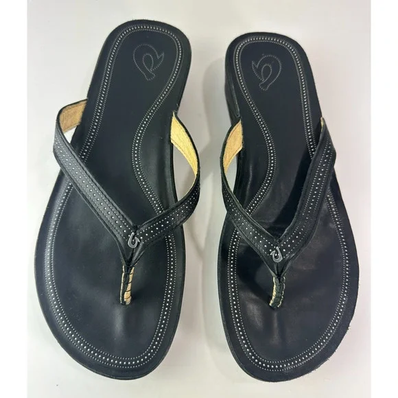 Olukai Ola Full Grain Leather Flip Flops Black Slides Women's Size 10 Sandals - Picture 8 of 14